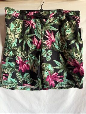 Kanu Surf Women's Black Tropical Floral Drawstring Bermuda Shorts - Pink & Green